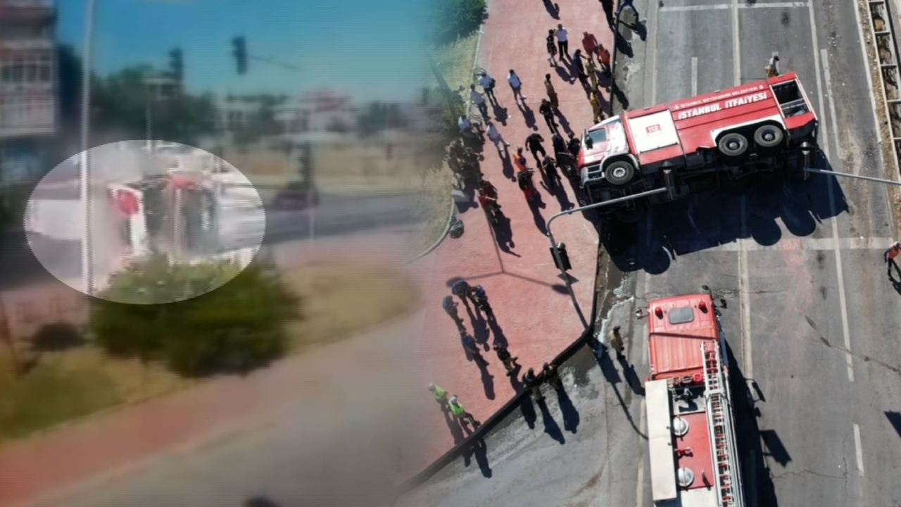 Büyükçekmece’de itfaiye aracının devrildiği feci kaza kamerada: 3 itfaiye eri yaralı!